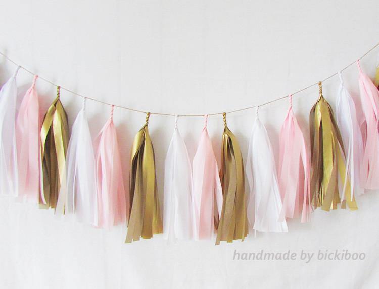 Tissue Paper Tassel Garland - Baby Pink & Gold - Bickiboo Designs