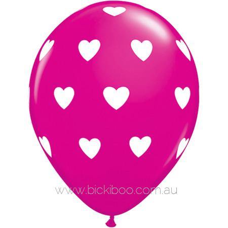 28cm (11") Hot Pink With Big White Love Heart Balloons - Bickiboo Designs