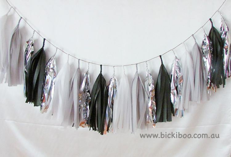 Tissue Paper Tassel Garland - Black & Grey - Bickiboo Designs