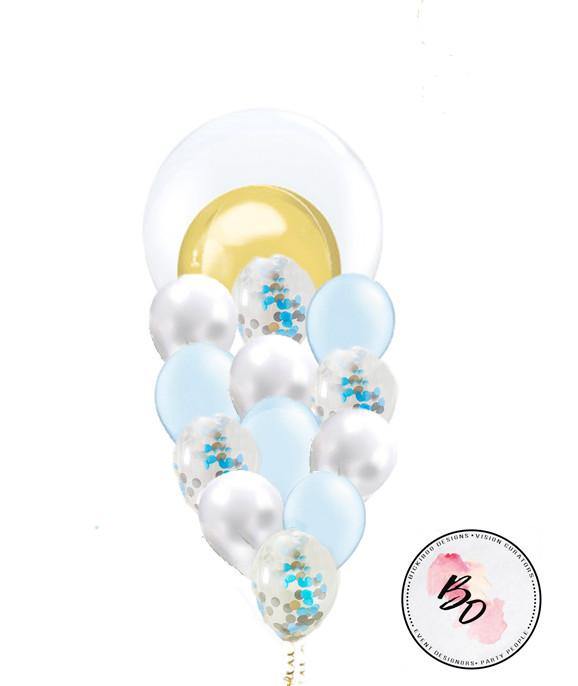 Golden Globe Gold & Blue Confetti Balloon Bouquet - Bickiboo Designs