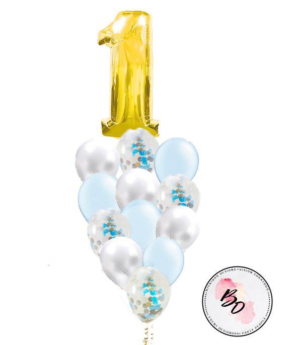 Gold & Blue Confetti Balloon Bouquet with a Foil Number - Bickiboo Designs