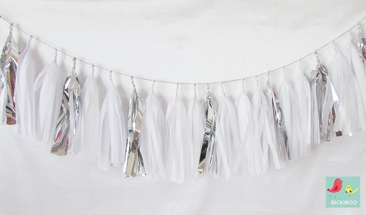 Tissue Paper Tassel Garland - White & Silver - Bickiboo Designs