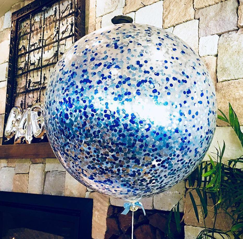 Jumbo Helium Filled  Confetti Balloon with Small metallic Blues & Silver Confetti - Bickiboo Designs