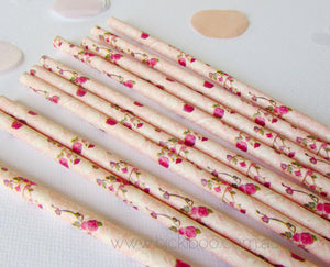 Vintage Pink Floral Paper Straws (25 pack) - Bickiboo Designs