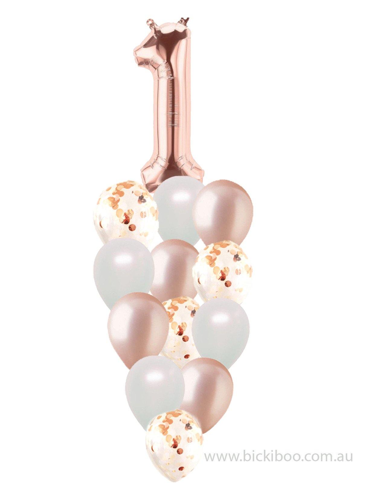 Rose Gold & Rose Gold Confetti Balloon Bouquet with a Foil Number - Bickiboo Designs