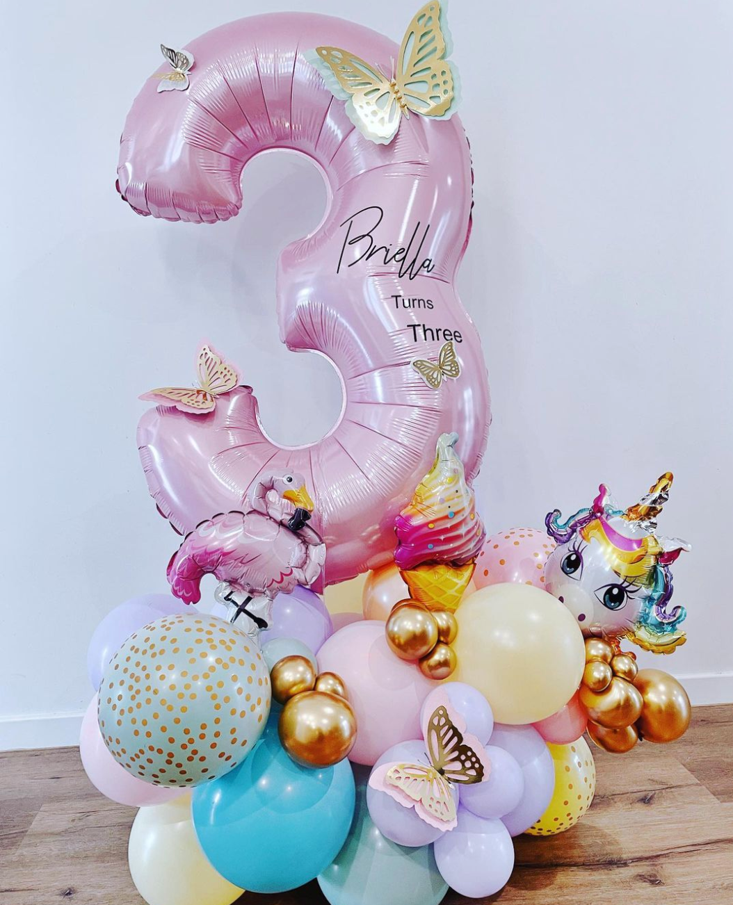 Bespoke number balloon stand - Unicorn, Ice cream & Butterflies