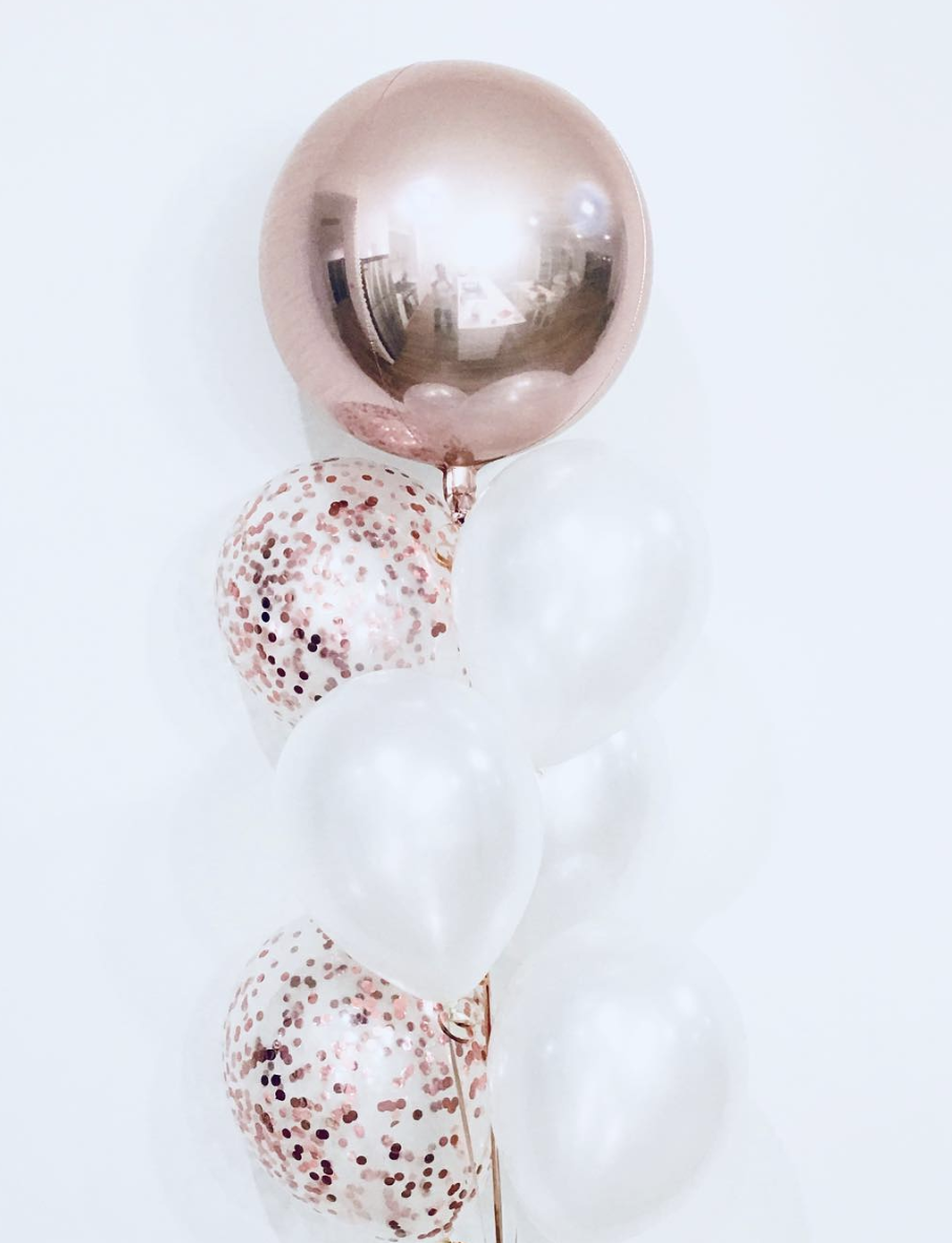Helium Filled  Rose Gold Orbz & Pearl White Balloon Bunch - Bickiboo Designs