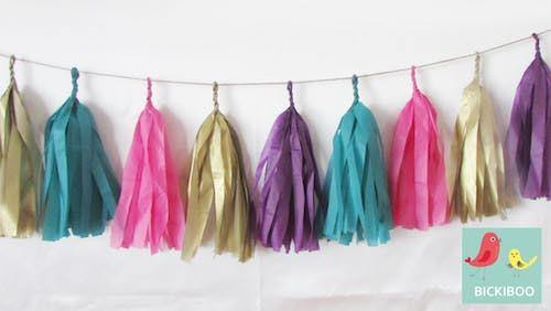 Tissue Paper Tassel Garland - Teal  Fuchsia Pink & Gold - Bickiboo Designs