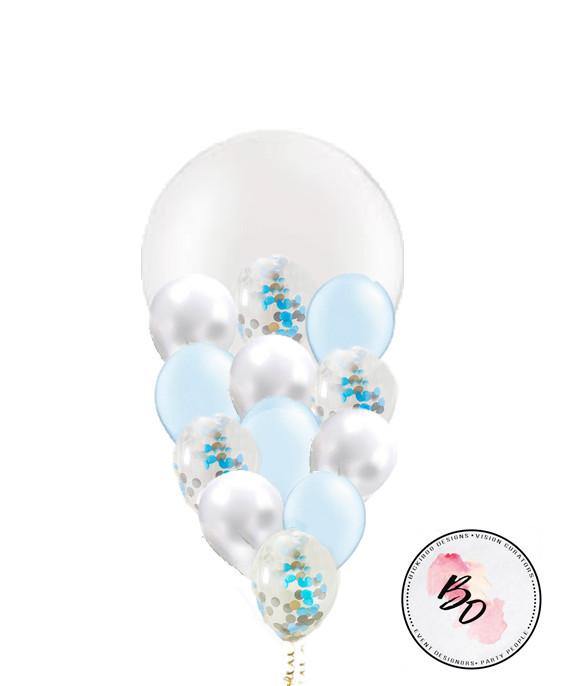 Pearl White & Gold & Blue Confetti Balloon Bouquet - Bickiboo Designs