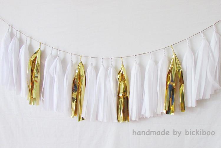 Tissue Paper Tassel Garland - White & Gold - Bickiboo Designs