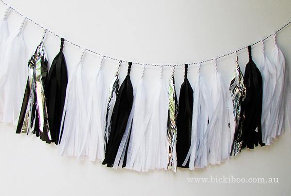 Tissue Paper Tassel Garland - Black & White & Silver - Bickiboo Designs
