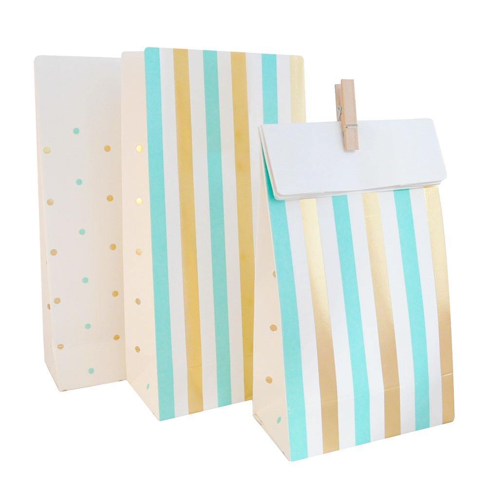 Gold & Mint Stripes & Spots Party Bag - 10 Pack - Bickiboo Designs
