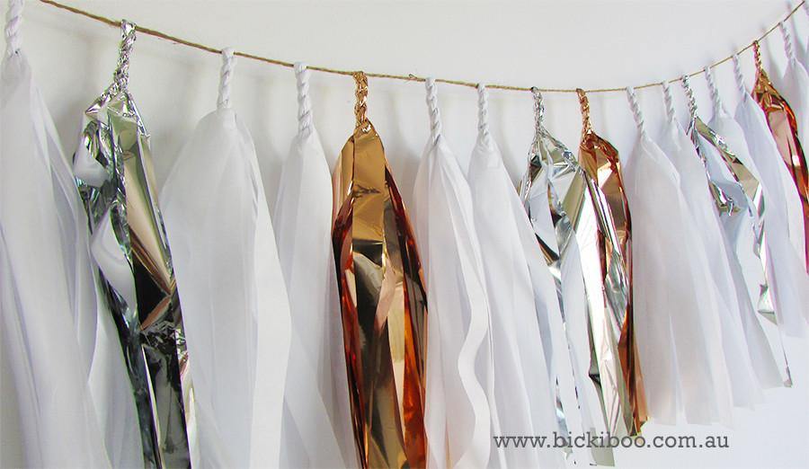 Tissue Paper Tassel Garland - White, Silver & Rose Gold - Bickiboo Designs